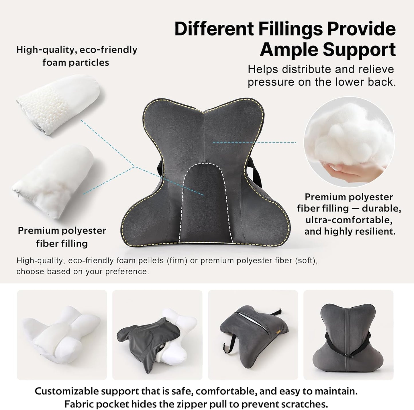 Lumbar Support Pillow(Pat. Pend) – Multi-Functional Ergonomic Back Cushion for Sofa Chair, Car Seat & Sofa, Reading Pillow with Firm Multi-Zone Support to Relieve Lower Back Pain, Misty White