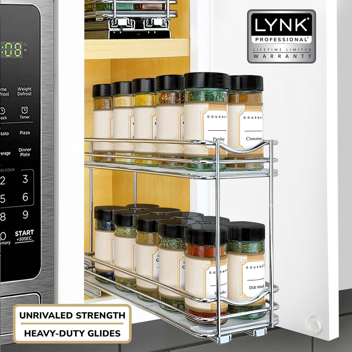 LYNK PROFESSIONAL® Pull Out Spice Organization for Cabinets - 4-3/8 inch Wide – Spice Rack for Inside Cabinets, Slide Out Spice Rack Organizer for cabinet – Pull Out Spice Rack, Sliding 2 Tier Chrome
