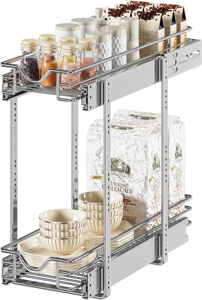DINDON 2 Tier Pull Out Cabinet Organizer (20" W X 21" D), Double Tier Wire Basket Slide Out Shelf Storage for Kitchen Base Cabinet Organization for Kitchen, Pantry, Bathroom, Chrome