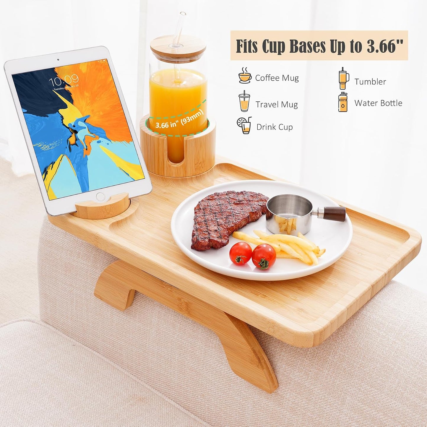 Nnewvante Couch Cup Holder Tray, 3 in 1 Large 15.36"x9.85" Acacia Wood Sofa Arm Clip on Tray Table with 360°Rotated Phone Holder on Armrest