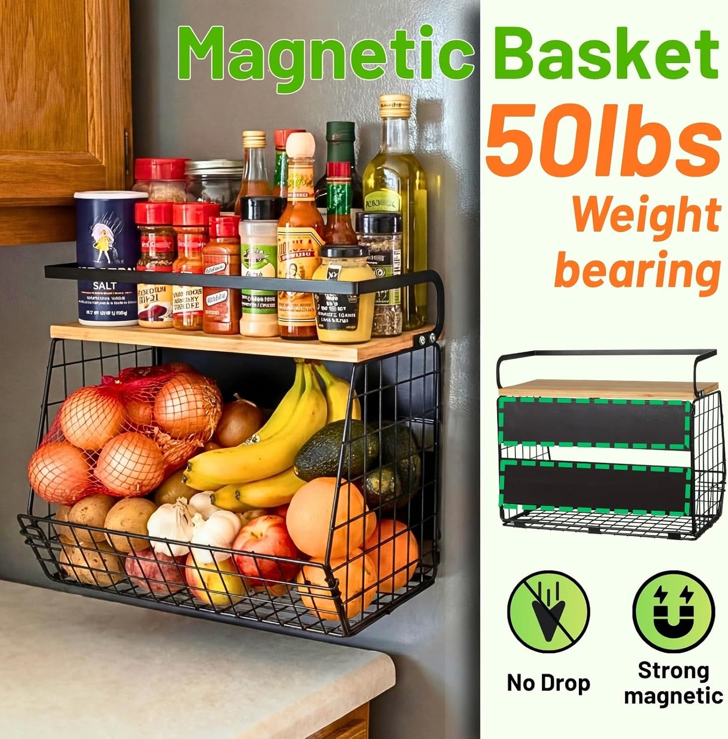 Magnetic Shelf for Fridge with Wood Lid, Fruit Potato and Onion Storage Bins, Pantry Organizers & Storage, Large Container Magnetic Spice Rack for Refrigerator, Kitchen Counter, Cabinet | Strong magnet holds 50lbs, ventilated bin for produce, versatile