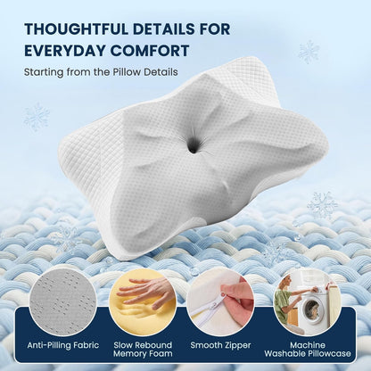 Sweetcrispy Cervical Pillow for Neck and Shoulder - Ergonomic Memory Foam Pillows, Contour Side Sleeper for Adults, Cooling Orthopedic Neck Support for Back Stomach Sleepers, White