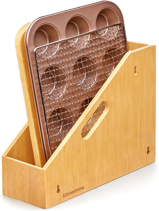 Slim Bamboo Cutting Board Holder & Baking Sheet Organizer | Open-front design keeps small to medium boards and bakeware upright; size: 12.6 x 4.9 x 10.5 in. Measure before purchase