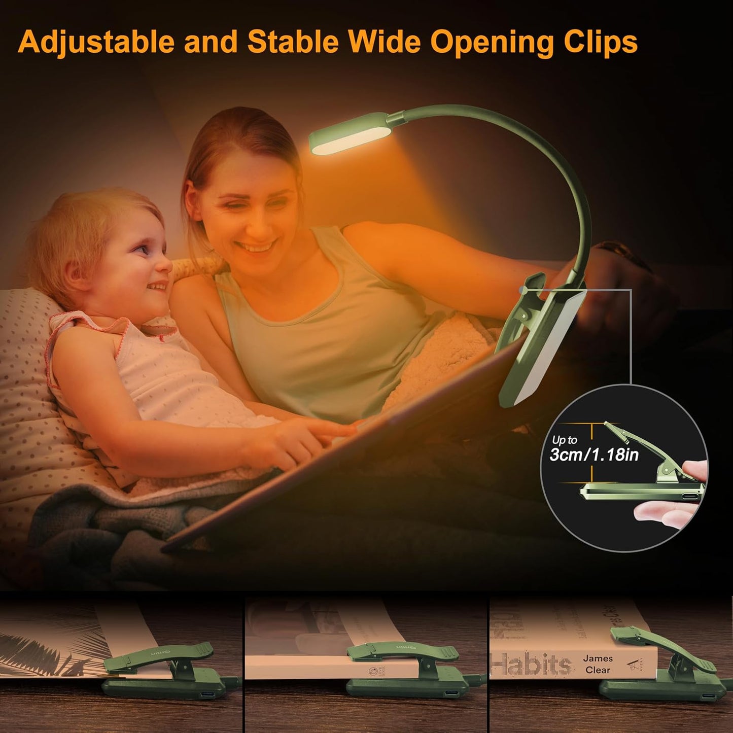 Gritin 16 LED Rechargeable Book Light for Reading in Bed | Eye Caring 3 Color Temperatures,Stepless Dimming Brightness,80 Hrs Runtime,Lightweight Flexible Clip on Light for Book Lovers