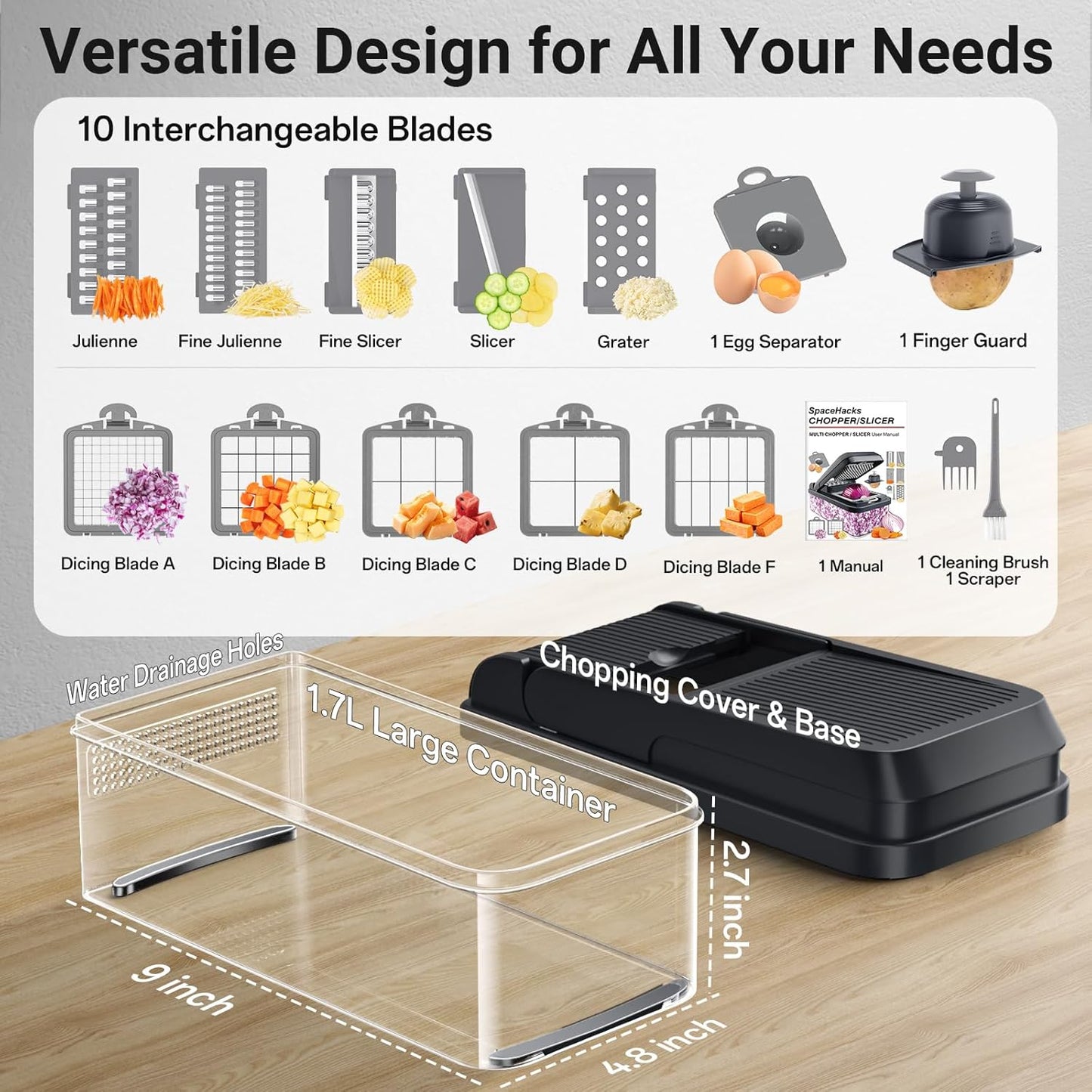12-in-1 Vegetable Chopper with 7 Blades, Food Veggie Cutter, Green | Includes Egg Separator, Food Container and Finger Guard, Non-slip Base, for Chopping, Slicing, Shredding, and Mincing