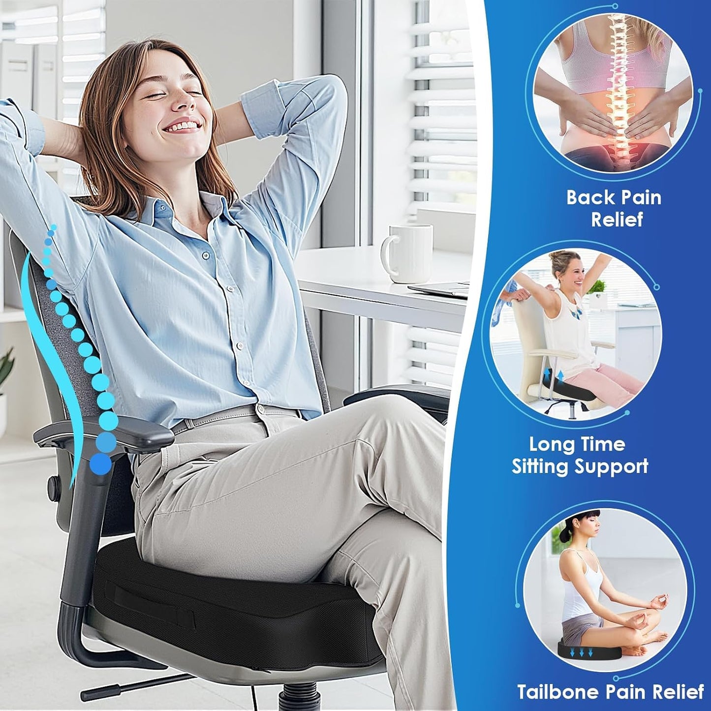 TushGuard Seat Cushion for Office Chair, Car, Memory Foam, Black Large | For Back, Coccyx, Sciatica, Tailbone Pain, Ergonomic Design, Non-Slip, Desk Wheelchair Use, Supportive Butt Pillow, For Man