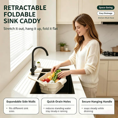 Foldable Hanging Sink Drain Basket, Stretchable Kitchen Sink Strainer, 2026 Upgraded Space-Saving Food Colander, Multifunctional Faucet Basket for Fruits, Vegetables, Pasta & Tableware
