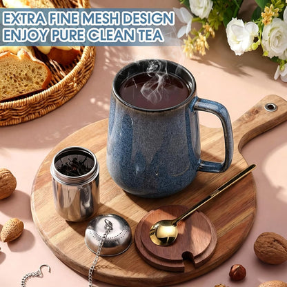 Zhehao 24oz Large Ceramic Tea Mug with Loose Leaf Infuser, Gift for Men Women, Coffee Cup with Lid & Spoon for Tea Lovers, Microwave & Dishwasher Safe, Present for Thanksgiving Christmas(Green)