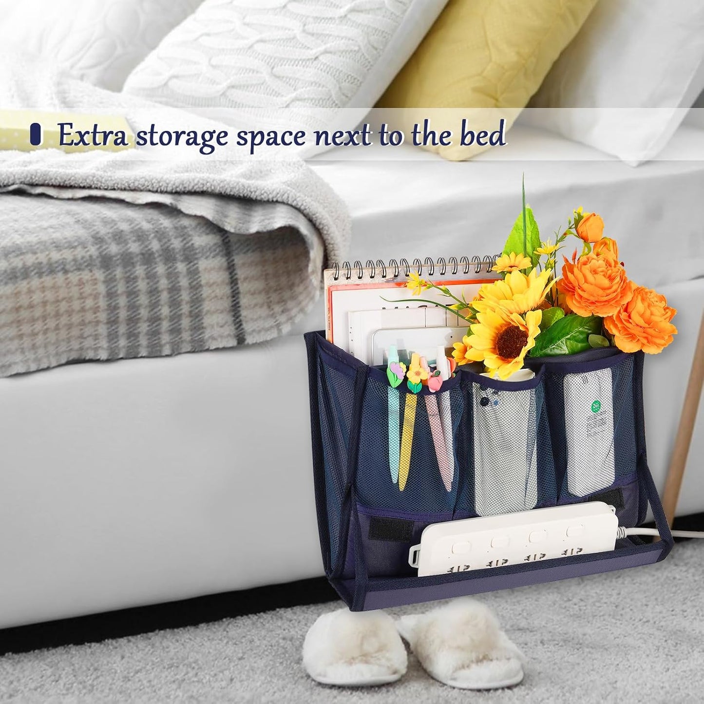 Bedside Caddy Organizer for Dorm Bed Rails with 7 Pockets, Gray | Bed Pockets Bedside Storage with Power Strip Holder & 2 Adjustable Straps for Home, College, Dorm, Hospital Bedside Organizer