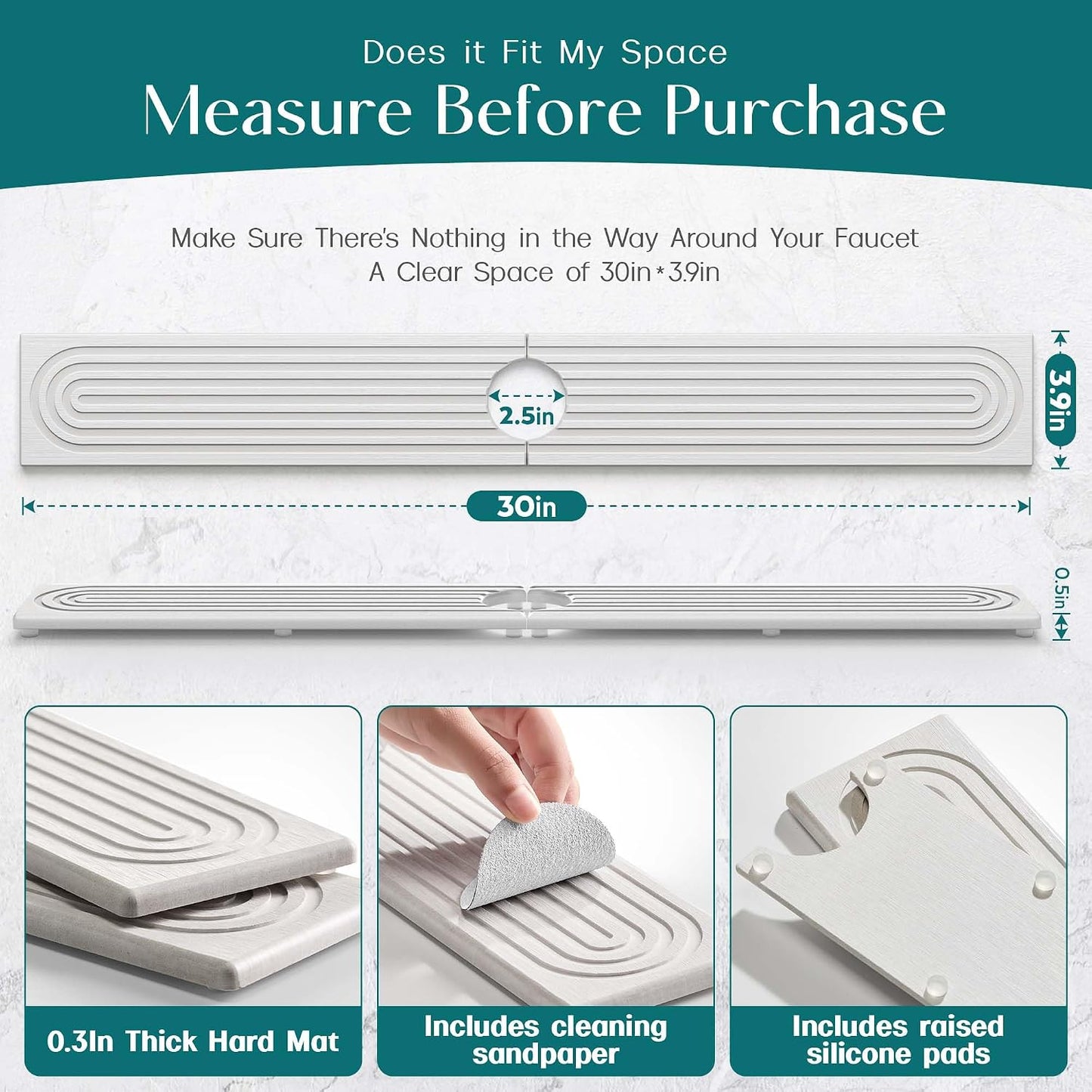 Stone Faucet Mat for Kitchen Sink – Diatomite Drying Stone Mat & Sink Protector, Prevents Moisture – Sink Splash Guard Water-Absorbing Stone Tray for Bathroom Counter (Light Grey, 20" x 3.9")