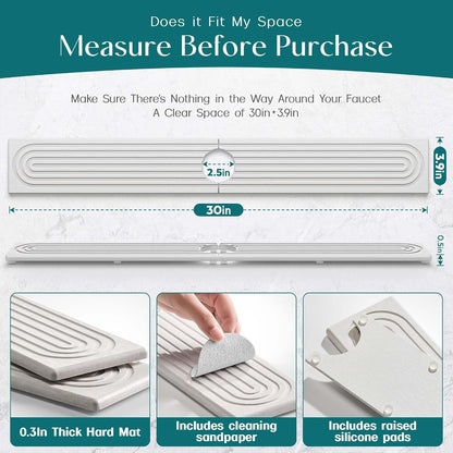 Stone Faucet Mat for Kitchen Sink – Diatomite Drying Stone Mat & Sink Protector, Prevents Moisture – Sink Splash Guard Water-Absorbing Stone Tray for Bathroom Counter (Light Grey, 20" x 3.9")