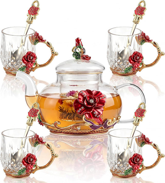 5 Pcs Floral Glass Tea Set with Teapot and Infuser, 14 oz Vintage Flower Teapot with 4 Rose Enamel Cups 3 oz and Spoons, Tea Party Set, Gift for Women Mom Grandma