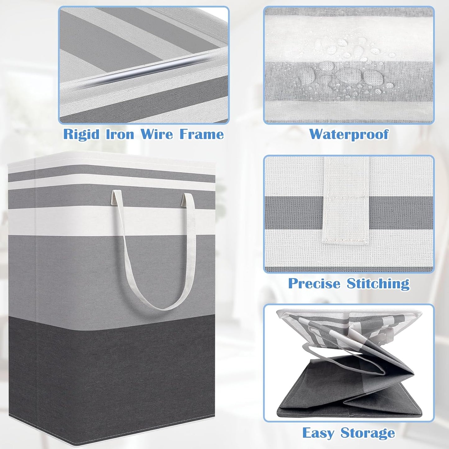 BlissTotes 3-Pack Laundry Basket, Collapsible Laundry Hamper, Grey, 75L | Laundry Clothes Hamper, Hampers for Bedroom, Freestanding Hamper with Handles, Clothes Laundry Basket