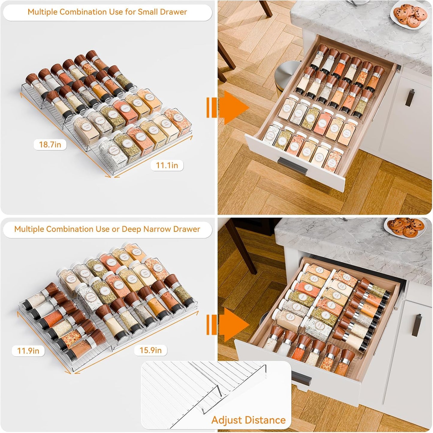 8 Pack Adjustable In Drawer Spice Organizer - Expandable From 11'' to 22'' - Acrylic Drawer Seasoning Organizer,Clear Spice Organization Tray for Cabinet Drawers Condiment,Nail Polish and Jar