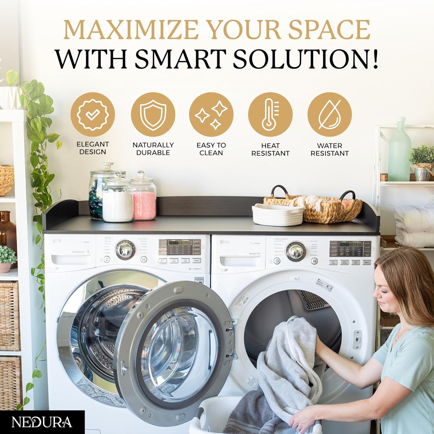 Nedura Washer Dryer Countertop with Anti-Vibration Pads, Curved Edge Rails, Premium Bamboo Laundry Countertop, Washer Dryer Topper, Laundry Room Organization, Laundry Room Accessory – Dark Walnut