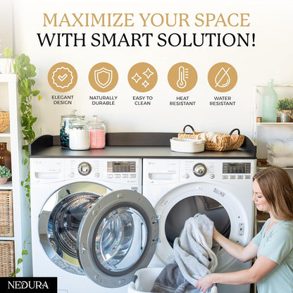 Nedura Washer Dryer Countertop with Anti-Vibration Pads, Curved Edge Rails, Premium Bamboo Laundry Countertop, Washer Dryer Topper, Laundry Room Organization, Laundry Room Accessory – Dark Walnut