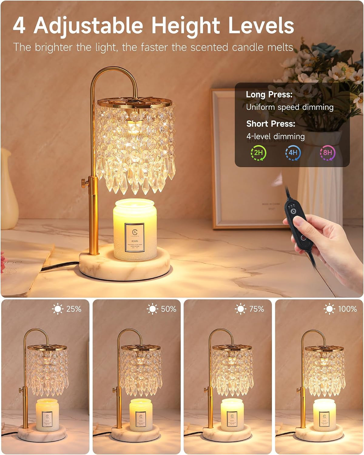 Candle Warmer Lamp with Timer Dimmer and 3 Bulbs, Candle Lamp Warmer with Marble Base for Adjustable Height, Crystal Candle Lamp for Jar Candles, House Warming Gifts Home Room Decor, Silver