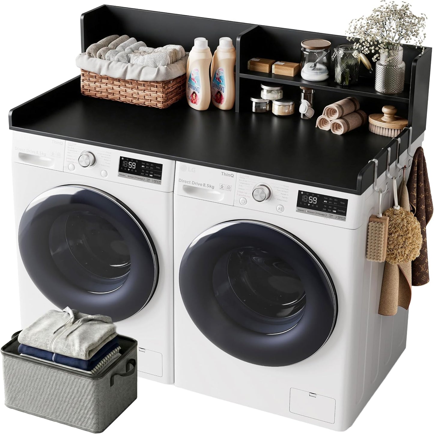 2-Tier Washer Dryer Countertop with Shelves & Metal Hooks, 27" W x 27.5" D Large Laundry Topper for Room Organization & Folding Clothes & Storage(Oak)