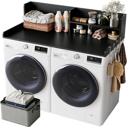 2-Tier Washer Dryer Countertop with Shelves & Metal Hooks, 27" W x 27.5" D Large Laundry Topper for Room Organization & Folding Clothes & Storage(Oak)