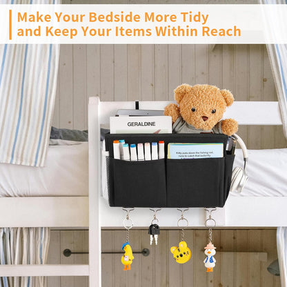 Bedside Caddy Organizer 5 Pockets and 4 Hooks for Bunk Bed Pink | Hanging Storage Bag for Headboards