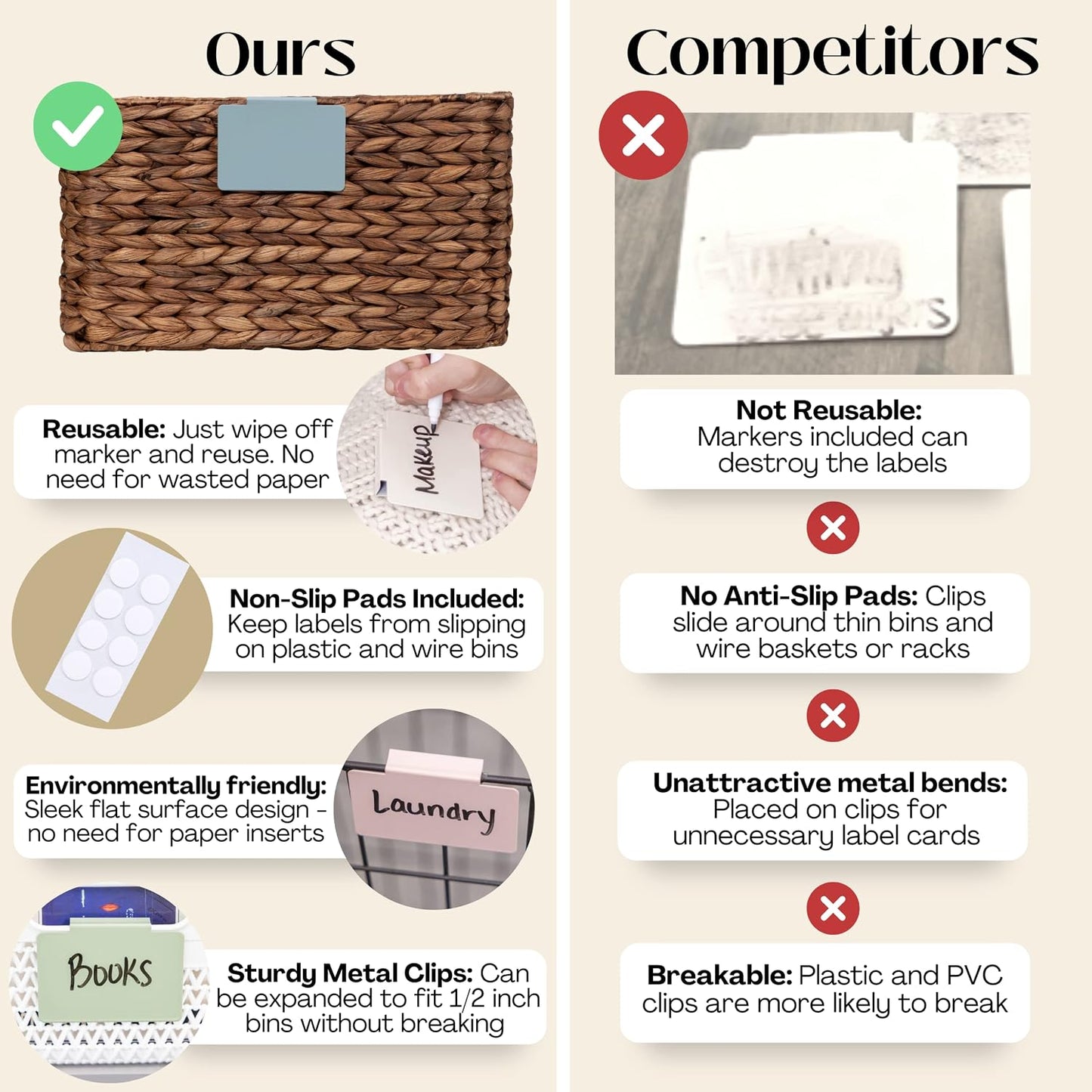 Hygge & Sage: Metal Non-Slip Basket Labels Clip On for Storage Bins, or Wire Racks | Includes 8 Labels, 8 Non-Slip Pads, and 1 Free Marker (Cream)