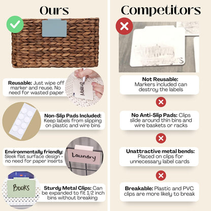 Hygge & Sage: Metal Non-Slip Basket Labels Clip On for Storage Bins, or Wire Racks | Includes 8 Labels, 8 Non-Slip Pads, and 1 Free Marker (Cream)