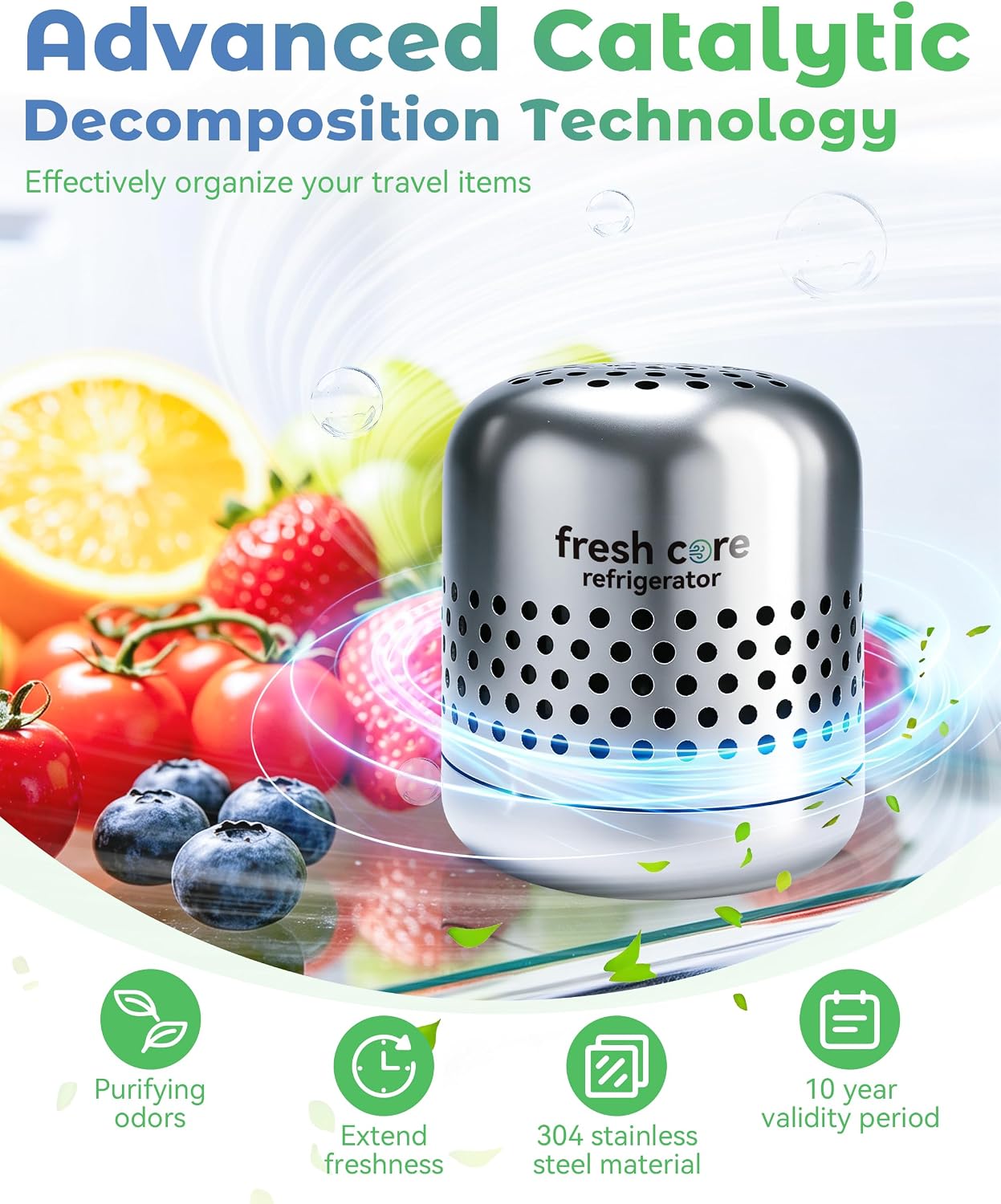 Deodorizer - Lasts up to 10 Years Fridge Deodorizer, Nano-Catalyst Technology, Sus 304 Stainless Steel, Long-Lasting Odor Eliminator for Fridge, Car(1pcs, one size)