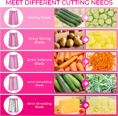 SUSTEAS Rotary Cheese Grater 5 Blades,Kitchen Mandoline Vegetable Slicer | White, Easy to Clean, Strong Suction Base, 5 Blades Storage Box, Round Mandoline Slicer & Food Chopper for Salad