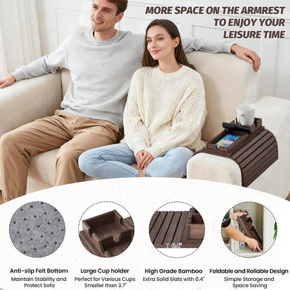 GEHE Couch Cup Holder, Anti Falling Sofa Arm Tray, Natural Bamboo Sofa Cup Holder More Safe for Your Family, Portable Couch Arm Tray Armrest Table for Remote, Snacks, Drinks