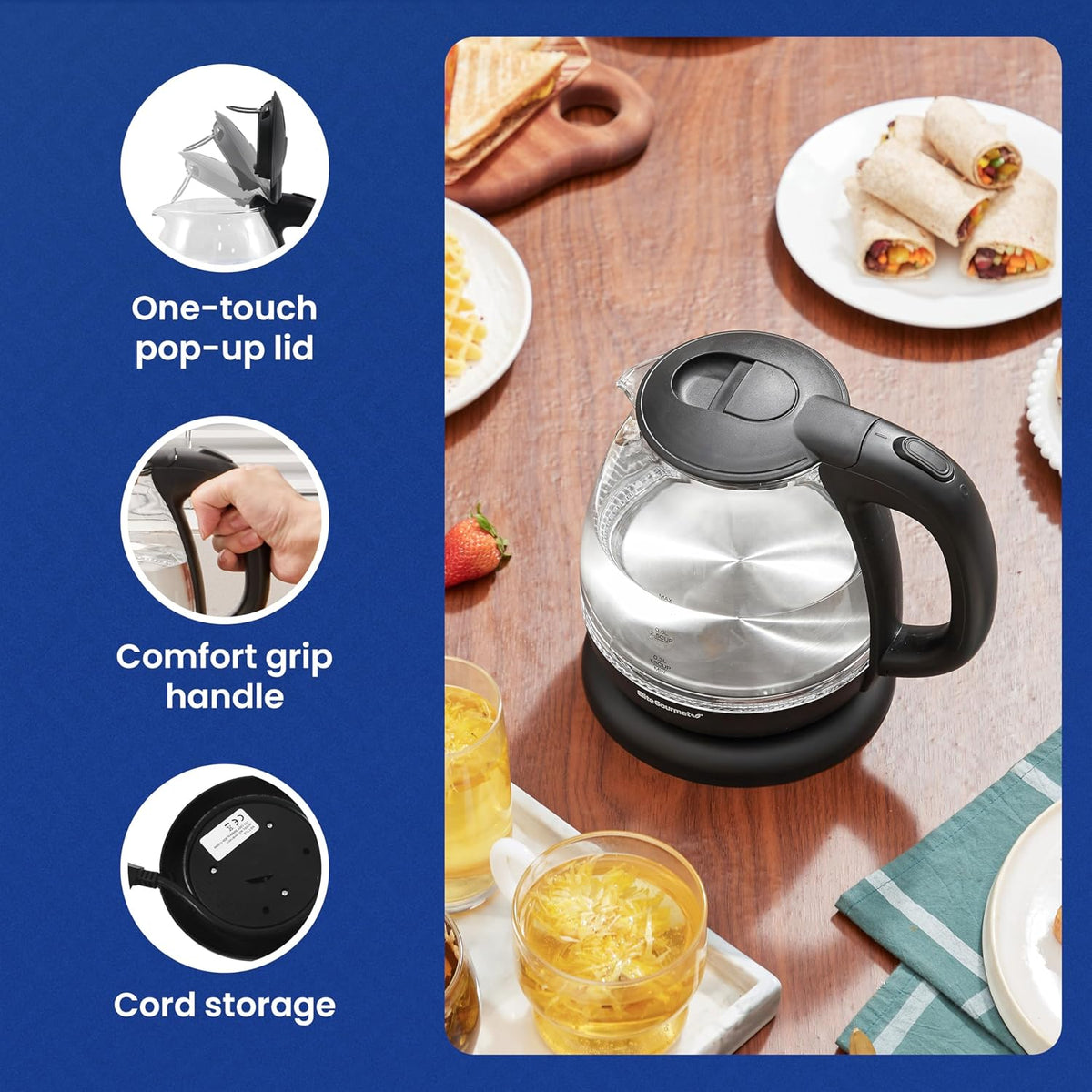 Elite Gourmet 1.7L Dual-Wall Cool-Touch Tea Kettle, Touchscreen, Black