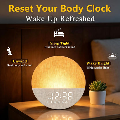 Sunrise Alarm Clock with Sounds Machine:Gentle Wake Up for Heavy Sleepers | Relieve Anxiety Dimmable Clock with Bluetooth Memory for Bedroom - White Noise Machine with 30 Sleep Sounds