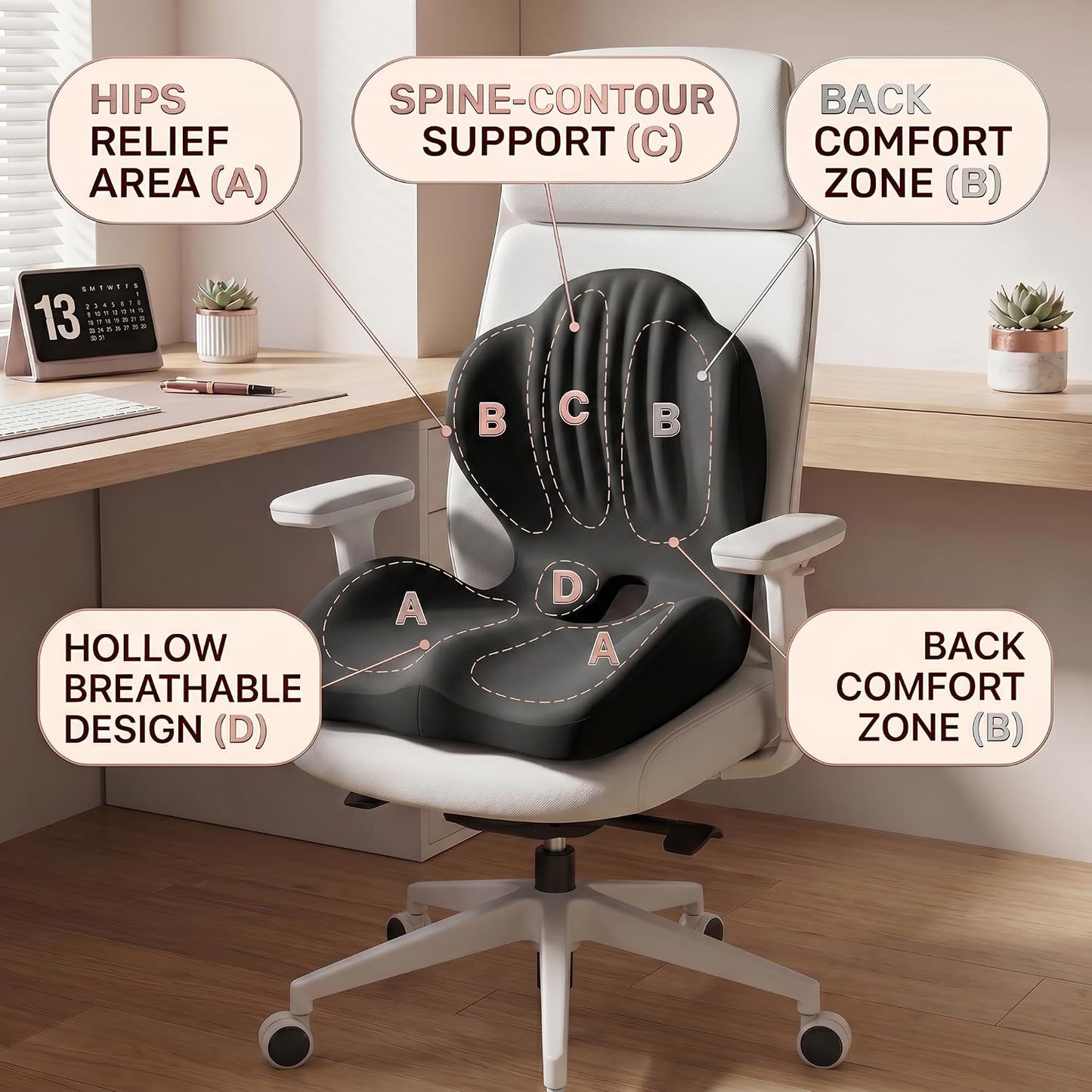 Ergonomic Seat Memory Foam Support Cushion for Back, Car Seat Back Support Cushion for Sciatica Tailbone Pain, Office Desk Chair Car Travel Seat Cushion (Pink)