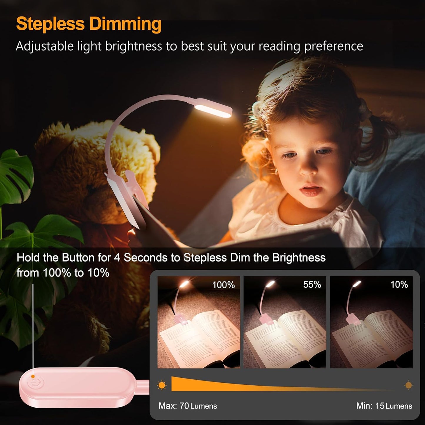 Gritin 16 LED Rechargeable Book Light for Reading in Bed | Eye Caring 3 Color Temperatures,Stepless Dimming Brightness,80 Hrs Runtime,Lightweight Flexible Clip on Light for Book Lovers