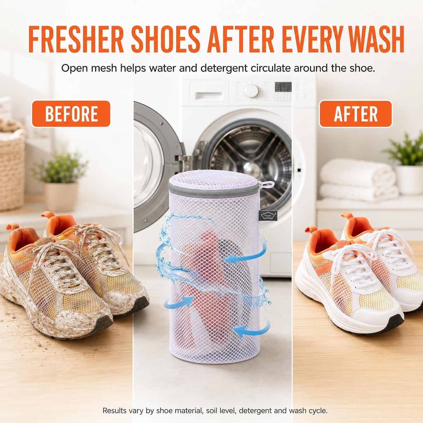 Shoe Washing Machine Bag, Laundry Bag for Sneakers, Orange, 7x15 | Bag to Wash Shoes in Washer and Dryer, for Tennis, Footwear, Trainers, Slippers, Prevent Tangling, Honeycomb Mesh