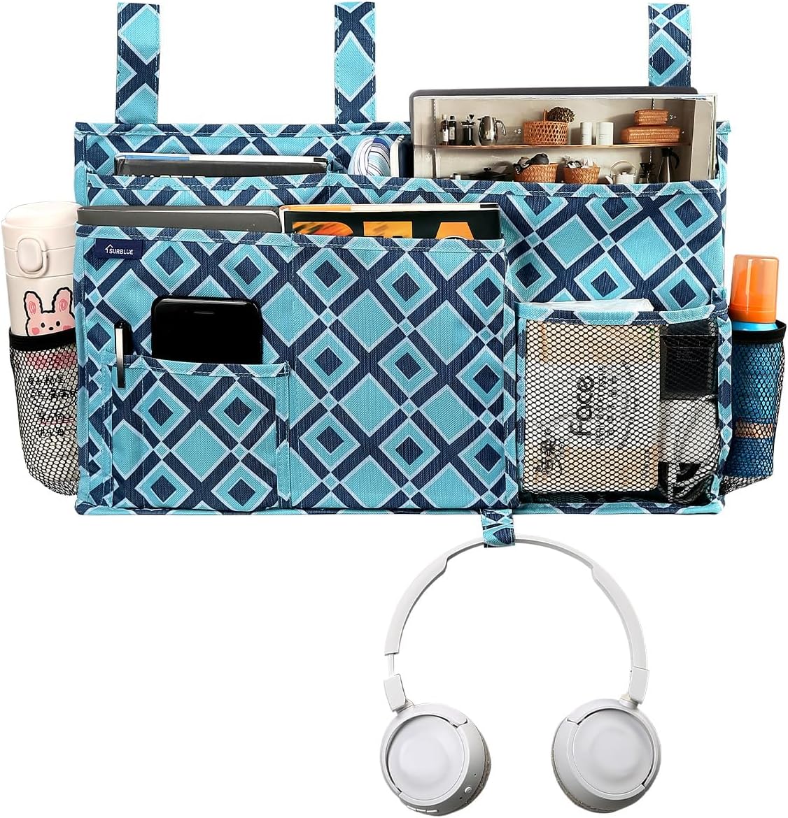 Surblue Bedside Caddy Hanging Organizer Storage Bag Pocket for Bunk, Hospital, College Dorm Rooms, Baby Bed Rails, Camp - 4 Pockets, 2 Hooks (Blue)