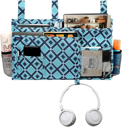 Surblue Bedside Caddy Hanging Organizer Storage Bag Pocket for Bunk, Hospital, College Dorm Rooms, Baby Bed Rails, Camp - 4 Pockets, 2 Hooks (Blue)