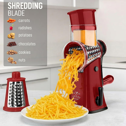 Zulay Kitchen Rotary Cheese Grater 5 Blade Cheese Shredder - Manual Hand Crank Cheese Grater With Reinforced Suction & 5 Interchangeable Drums - Easy to Use, Vegetable Chopper Round Mandoline Slicer - Colors A