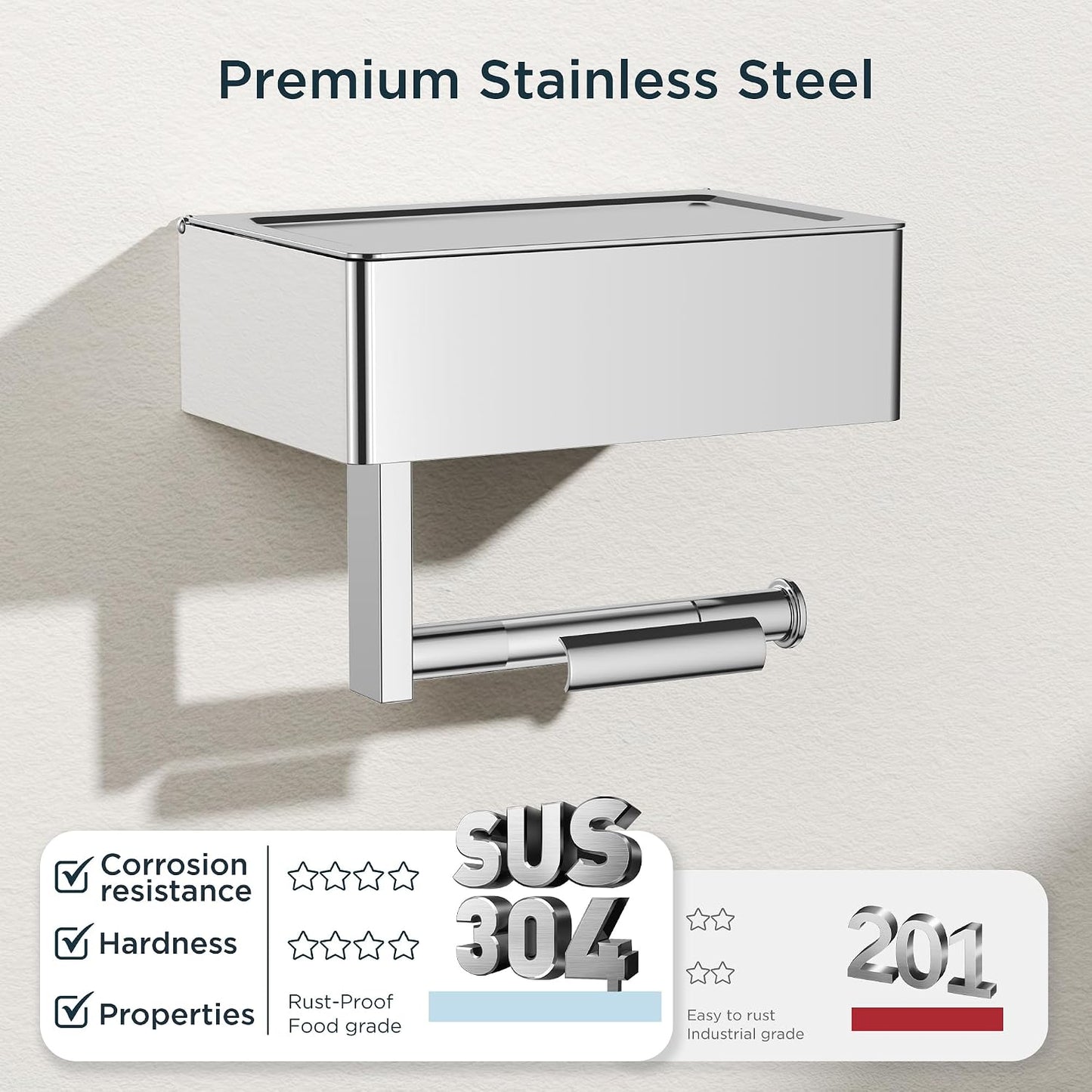 FORIOUS Toilet Paper Holder with Shelf, Wall-Mounted Modern Wipes Dispenser | Brushed Nickel | Toilet Paper Holder with Storage for Bathroom | Fits Wipes, Sanitary Napkin, Tampon | 8.0"x5.3" Large Shelf