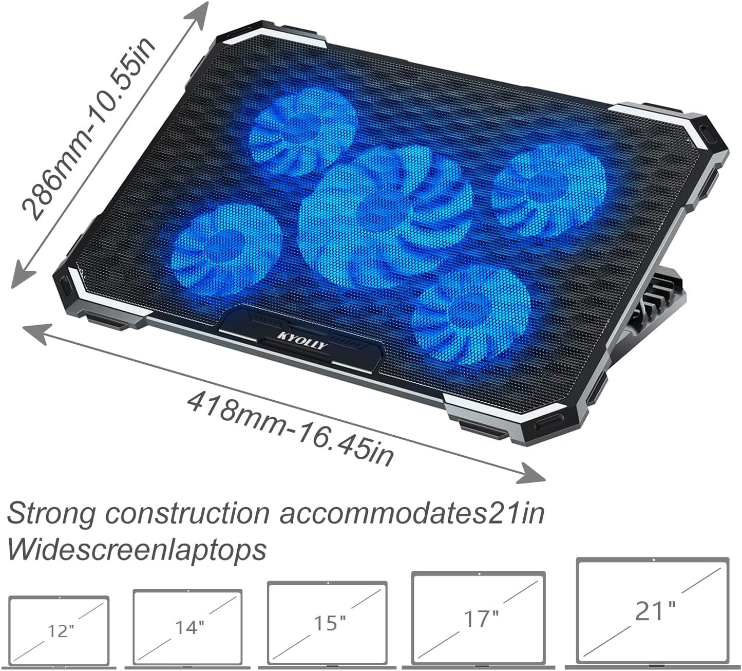 KYOLLY Upgrade Laptop Cooling Pad,Gaming Laptop Cooler with 5 Quiet Fans,2 USB Ports,5 Adjustable Stand Height,Blue LED Lights,for 15.6 Inch Laptops