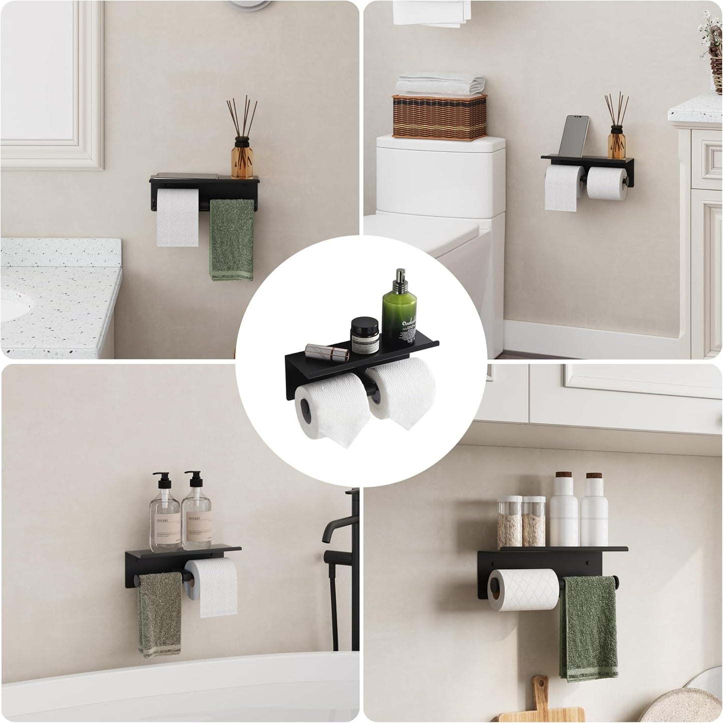 Black Toilet Paper Roll Holder with Shelf Wall Mounted for Bathroom (Black, Double Head)