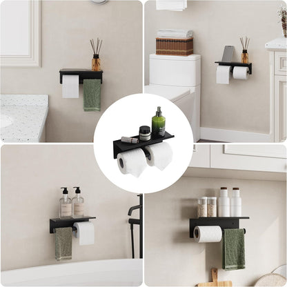 Black Toilet Paper Roll Holder with Shelf Wall Mounted for Bathroom (Black, Double Head)