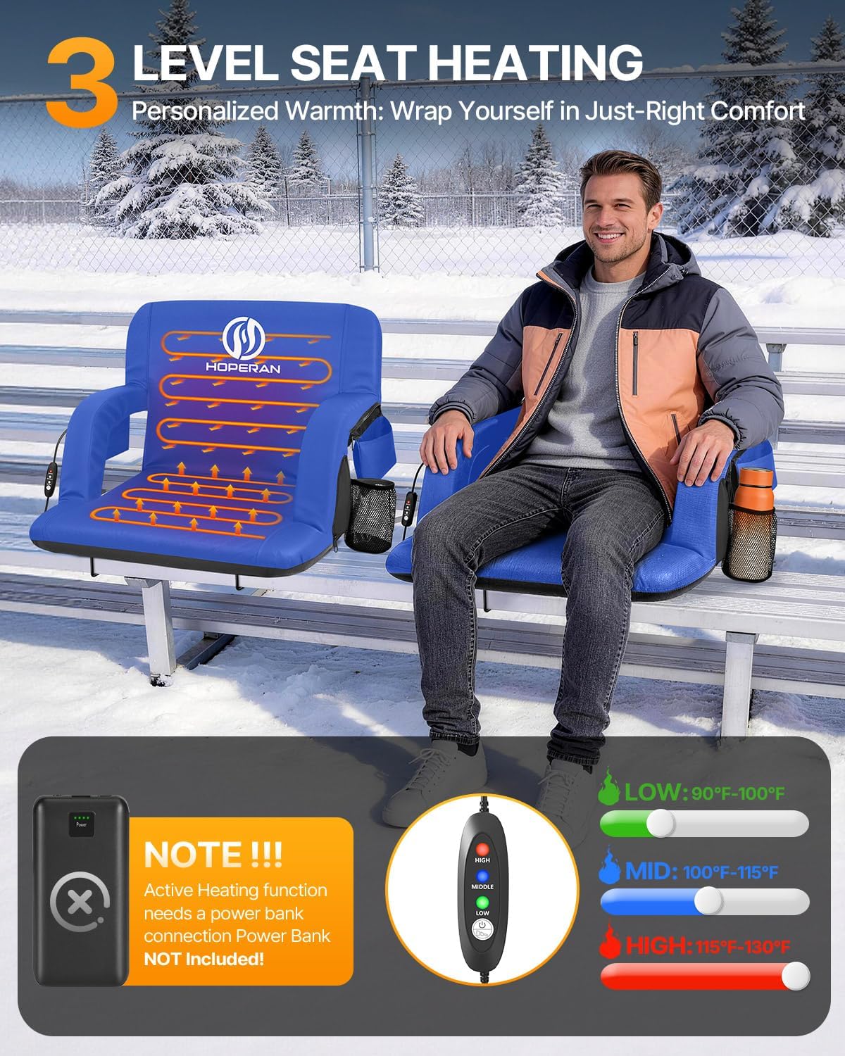 HOPERAN 21" Heated Stadium Seats for Bleachers with Back Support, Black