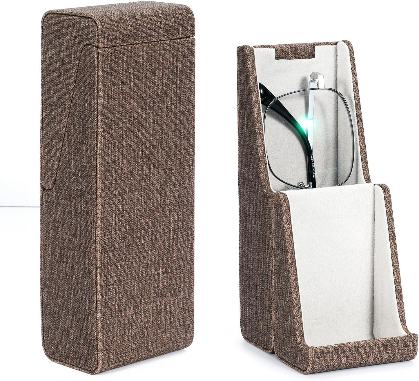Vemiss Flip-top Glasses Case, Hard Shell Eyeglass Cases & Phone Stand | Unfolds As Phone/Pen Holder. For Desk, Nightstand, Vintage PU Leather, Eye Glass Case for Men Women