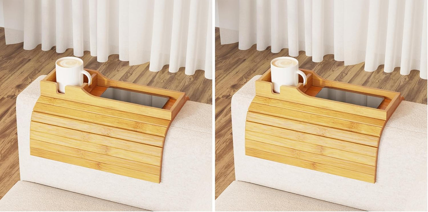 SpaceAid Bamboo Couch Cup Holder, Anti Falling Foldable Sofa Armrest Tray with Cup Holder, Couch Arm Side Table Organizer for Drink Cup Remote Snacks (Natural)