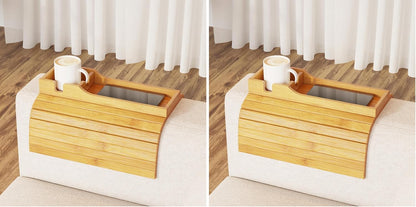 SpaceAid Bamboo Couch Cup Holder, Anti Falling Foldable Sofa Armrest Tray with Cup Holder, Couch Arm Side Table Organizer for Drink Cup Remote Snacks (Natural)