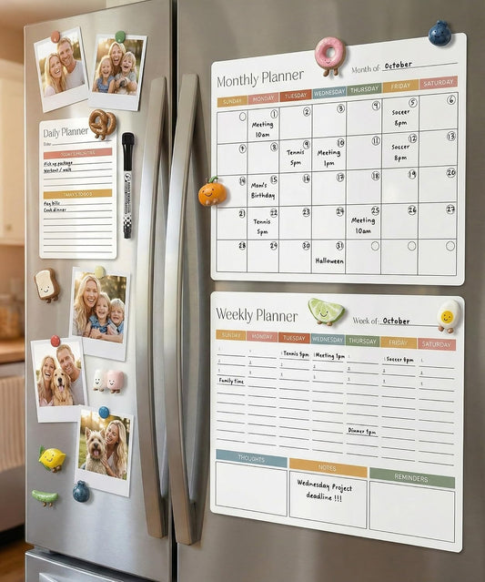 Beautiful Magnetic Dry Erase Calendar Set of 3 - Whiteboard with Marker | Easy to Erase Magnet Calendars for Your Fridge - The Perfect Weekly and Monthly White Board Organizer for Everyday Planning