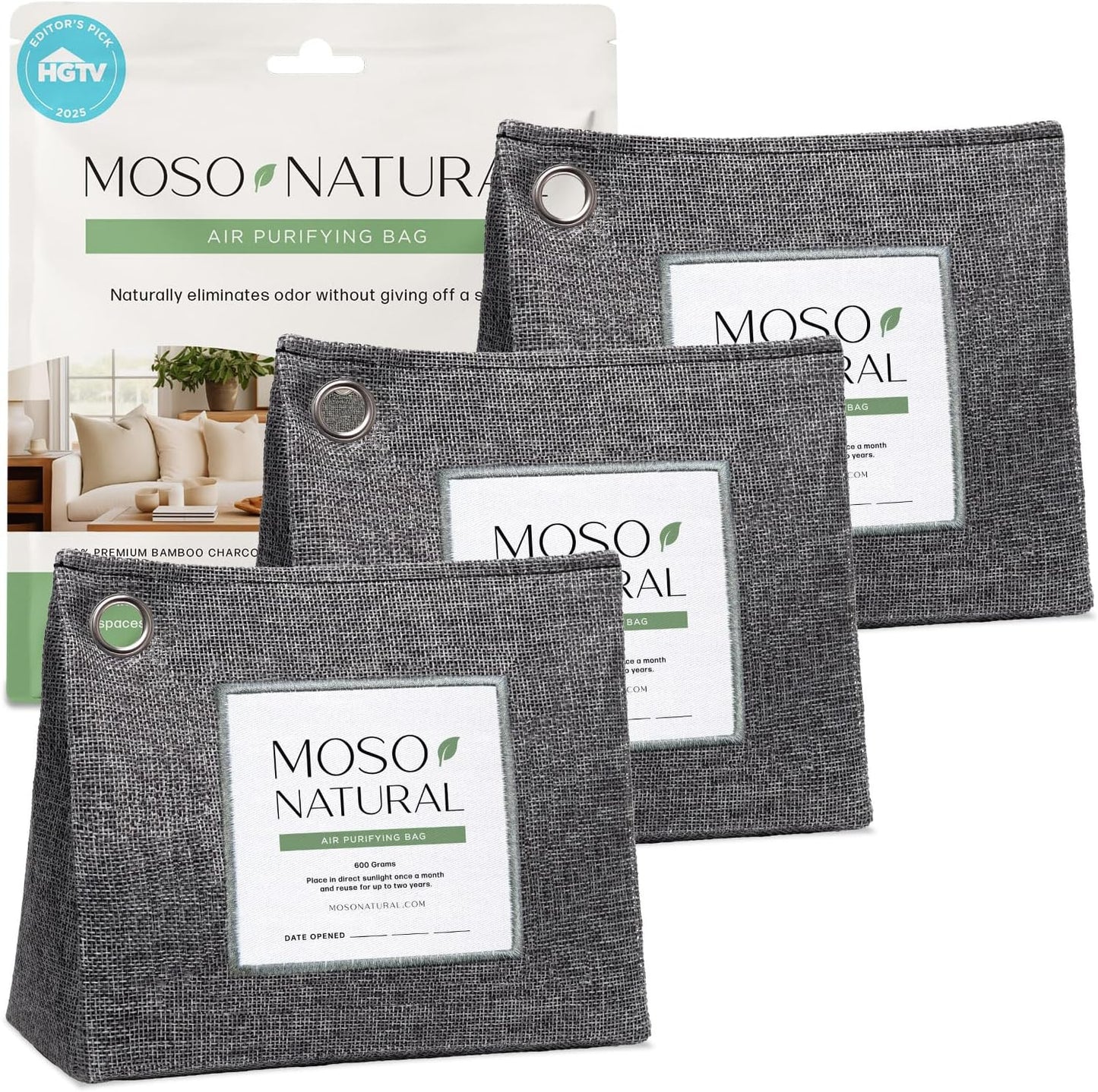 Moso Natural Air Purifying Bag 600g, Premium Charcoal Odor Absorber & Room Deodorizer for Large Spaces — Lasts 2 Years, Bedroom, Basement, Pet Odor Eliminator for Home, Unscented Bamboo Charcoal Bag