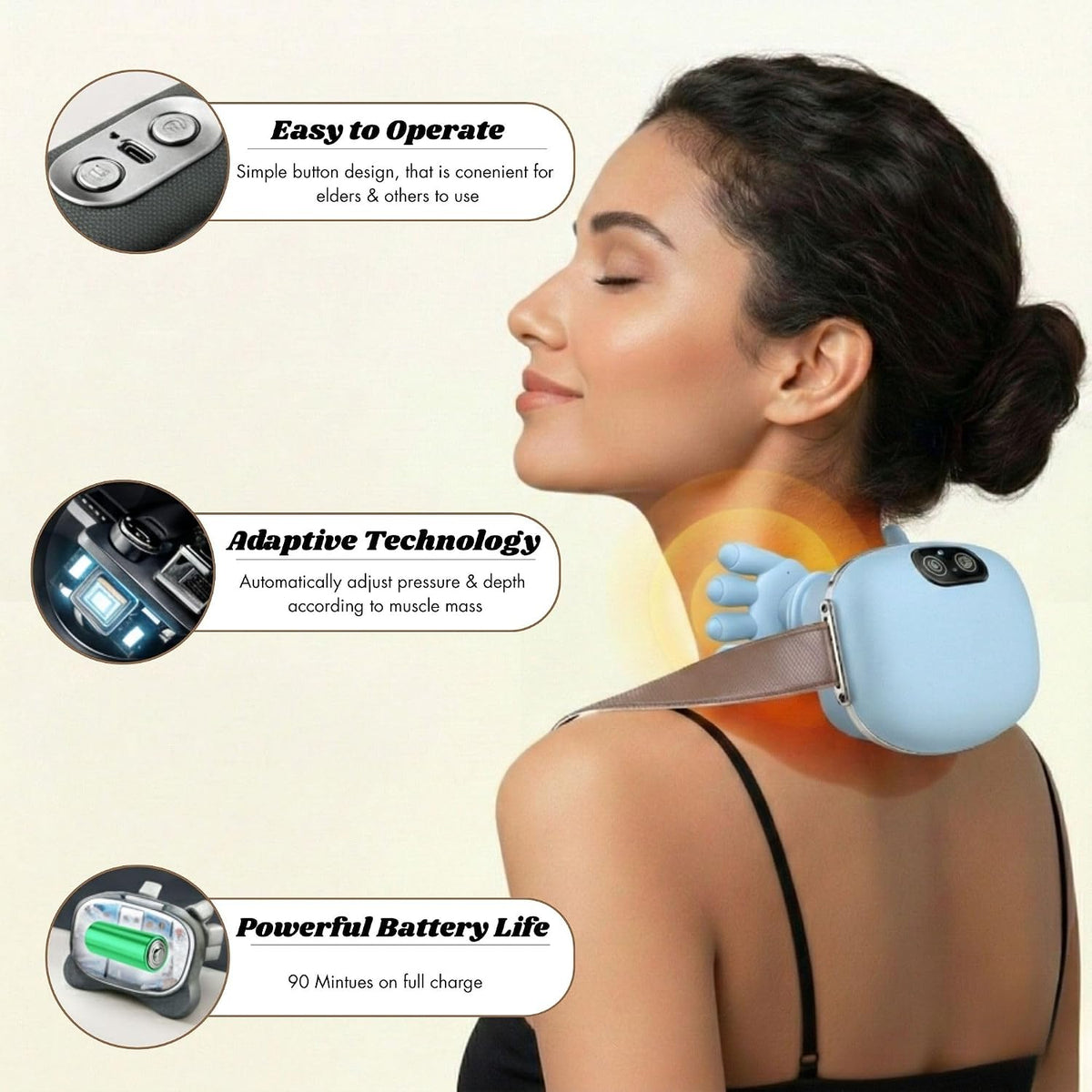 LIVINGPRO Neck & Shoulder Massager with Heat, Deep Tissue Shiatsu with Bionic Palm 4D Kneading, Simulated Human Hand Massage, 3 Adjustable Intensities, Portable Pain Relief for Home & Office