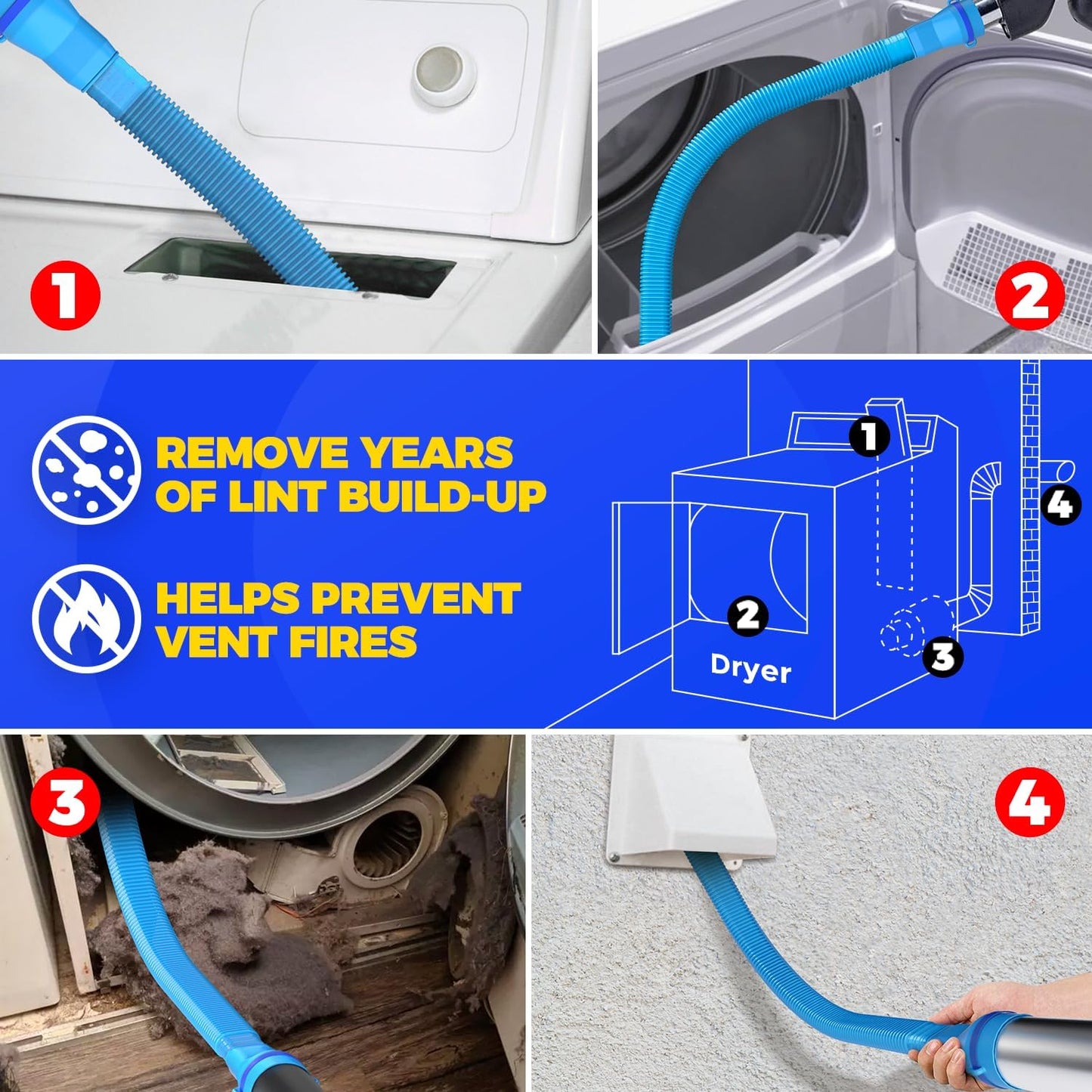 Holikme Dryer Vent Cleaner Kit, Vacuum Hose Attachment, 3-Piece, Blue | Remove Hidden Lint Buildup with a Flexible Brush, Vacuum-Assisted Cleaning and Quick Lint Removal for Tight Spaces