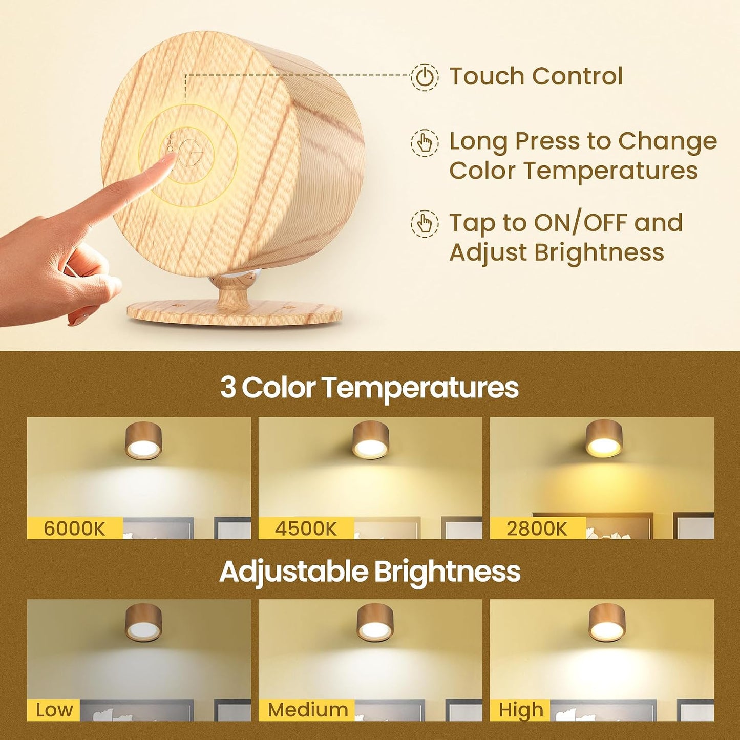 Wall Mounted Lamp, Rechargeable Battery Operated Wall Lights, White-2 Pack | Rechargeble Renter Friendly, 3 Color Temperatures & 3 Brightness Levels 360°Rotate Magnetic Ball, Sconces for Reading Bedroom